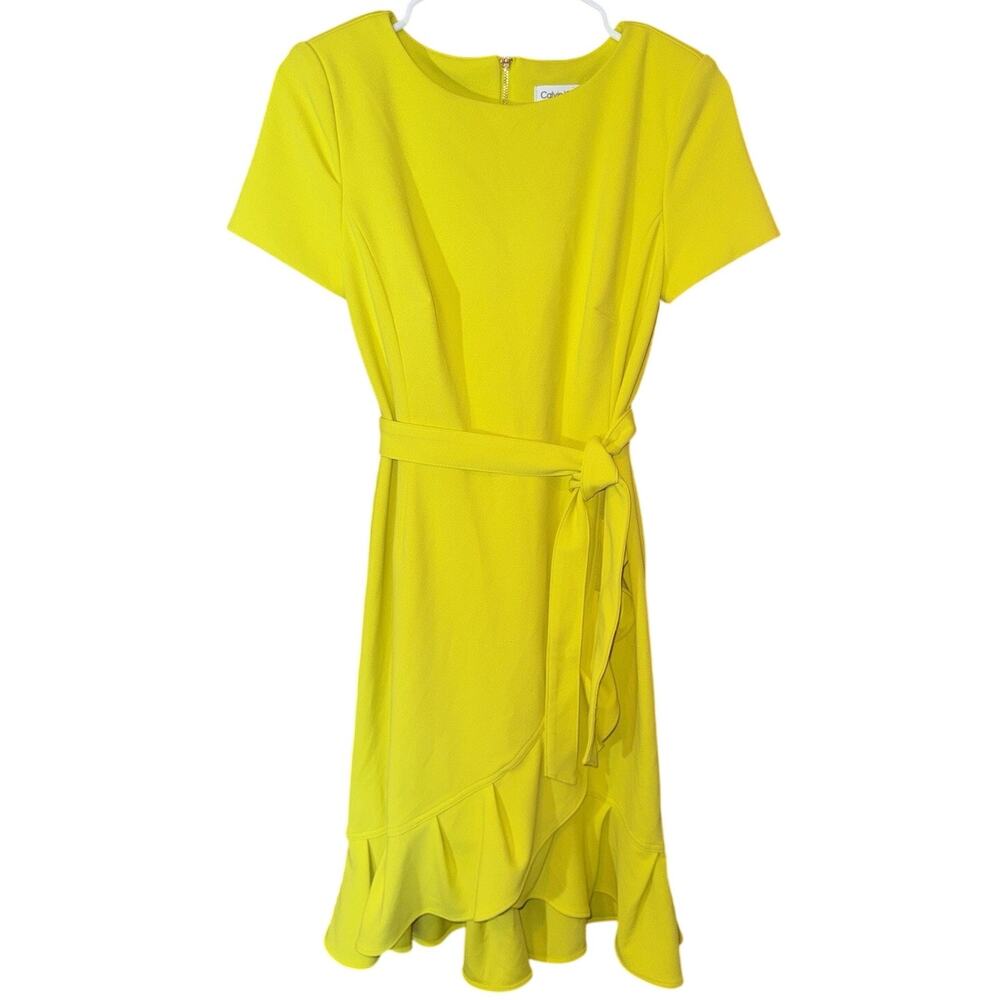 Calvin Klein Yellow Dress 4 Short Sleeve Bright Belted Ruffle Hem Faux Wrap